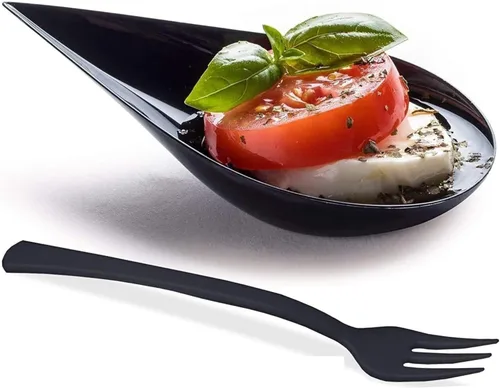 Vista 8 de DLux 100 platos mini de aperitivo en forma de gota de 4 pulgadas, cucharas reutilizables de plástico negro - Platos para servir postres y aperitivos
