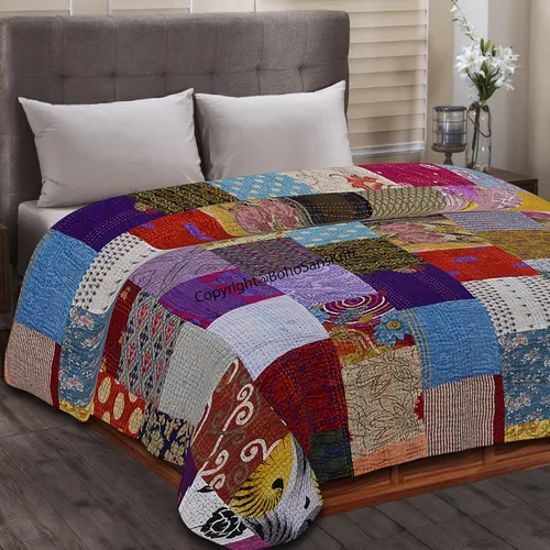 Vista 10 de Boho Sanskriti Colcha de seda india Kantha de retazos de seda tamaño Queen Twin Patola Colcha