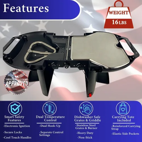 Vista 3 de Parrilla portátil de gas y plancha plegable Fold-N-Go, 9.200 BTU, ligera con estuche de transporte
