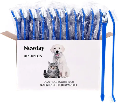 Newday 50 cepillos de dientes de doble cabeza para perros y gatos, cerdas súper suaves, cepillo de dientes para el cuidado bucal, cepillo de dientes
