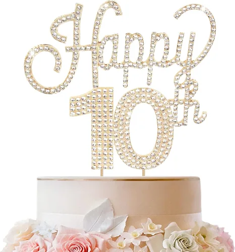 LINGTEER Decoración para tarta de 10 cumpleaños con rinistones dorados, perfecto para celebrar los 10 años de cumpleaños, piezas centrales para