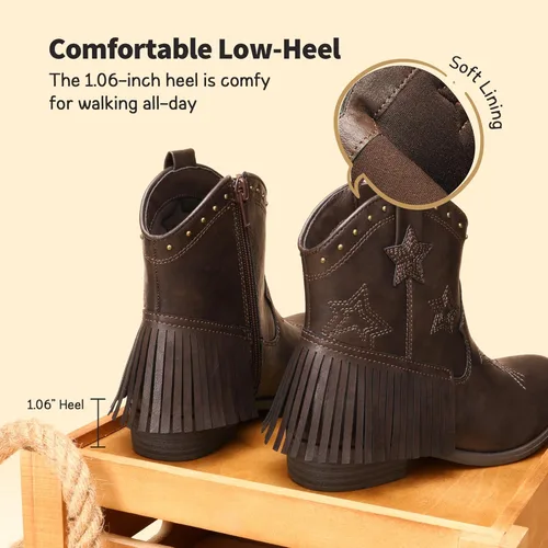Vista 4 de DREAM PAIRS Botas vaqueras para niñas, estilo vaquero, con cremallera lateral, con borla, para niños pequeños y grandes