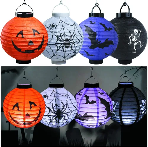 Vista 7 de Bimkole Paquete de 4 faroles de papel para decoración de Halloween con calavera de araña, esqueleto, murciélago, calabaza, sonriente, para el hogar