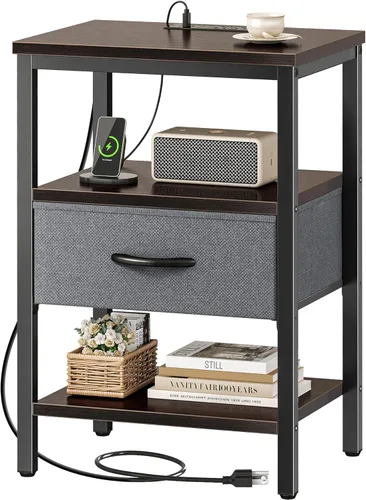 Vista 20 de SUPERJARE - Juego de 2 mesitas de noche con base de carga, cajón de tela ajustable, mesita de noche para dormitorio, de 3 niveles, para sala