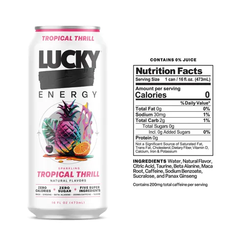Vista 3 de Lucky Energy Bebidas energéticas sin azúcar, latas de 16 onzas líquidas (paquete de 12) bebida energética saludable. Baya Bodacious con maca