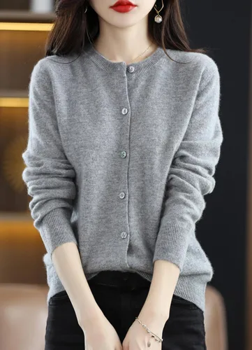 Vista 2 de Rvnsu Suéteres tipo cárdigan de cachemira para mujer, 100% cachemira, manga larga, con botones frontales, suéteres elegantes
