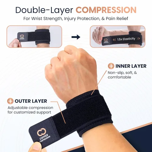 Vista 4 de Copper Compression Muñequeras (paquete de 2) – Soporte de muñeca ajustable con infusión de cobre para levantamiento de pesas, entrenamientos