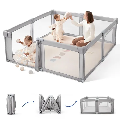 Vista 14 de Sweeby - Corralito para bebés, corralito plegable de 59x59 pulgadas para bebés y niños pequeños, corralito extra grande con puerta para patio