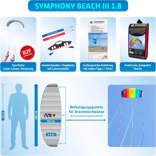 Vista 2 de HQ Symphony Beach III 1.8 Stunt Kite, cometa deportiva de doble línea de aluminio