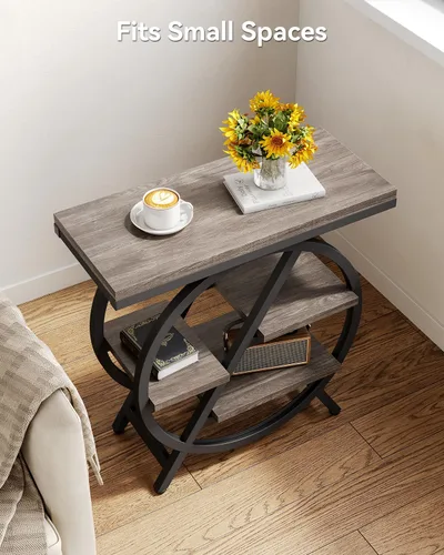 Vista 5 de LITTLE TREE - Mesa auxiliar estrecha con 4 niveles de gran espacio de almacenamiento, mesa de noche moderna para sala de estar, oficina en casa Gris