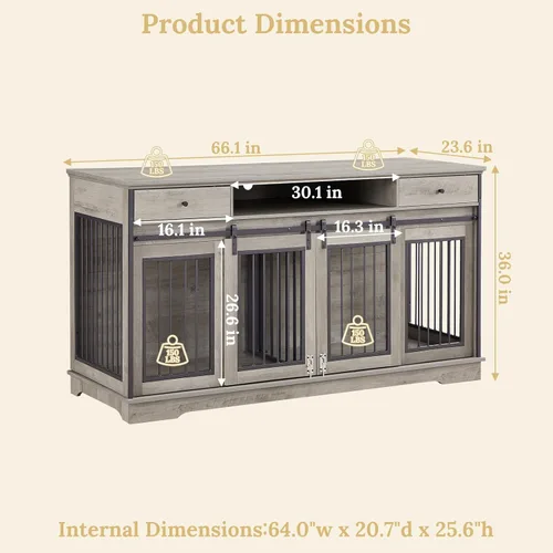 Vista 7 de Rovibek Muebles de jaula doble para perros de 66 pulgadas, jaula decorativa 2 en 1 para 2 perros con cajón y divisor extraíble, mesa auxiliar
