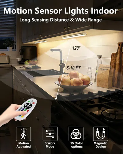 Vista 2 de SZOKLED Iluminación inalámbrica para debajo del gabinete de 58 LED, luces nocturnas con sensor de movimiento RGB con control remoto, luces