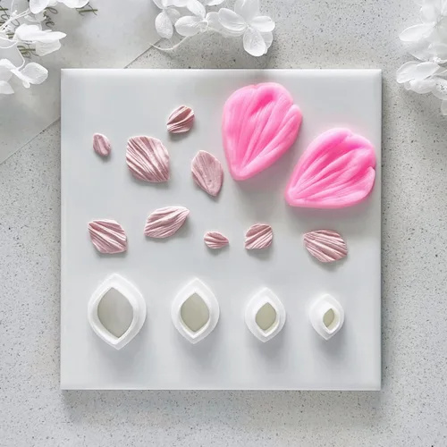 Vista 4 de meeeyya Cortadores de arcilla de pétalos de flores para hacer aretes, 4 cortadores de arcilla con 1 molde de arcilla polimérica de prensa
