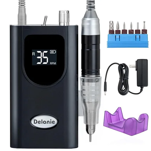 Delanie Taladro de Uñas Profesional de Alto Torque 35000 RPM Recargable Portátil Eléctrico Lima de Uñas para Acrílico y Gel con Puntas para Negro