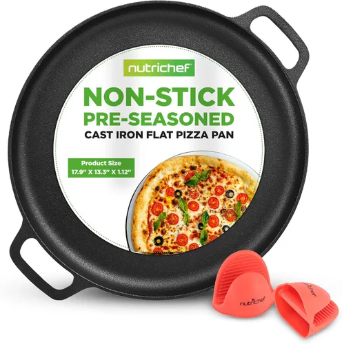 NutriChef - Sartén plana de hierro fundido de 13 pulgadas para pizza - Sartén redonda pre-sazonada versátil con asas integradas para horno