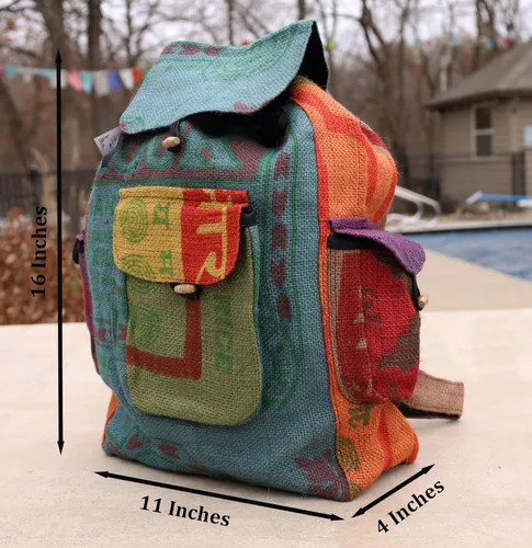 Vista 4 de DharmaObjects Lungta - Mochila reciclada de yute para arroz, hecha a mano, Nepal, multicolor