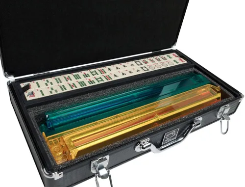 American Mah Jongg Set by White Swan - 166 azulejos grabados de color marfil - 4 bastidores todo en uno - Caja de aluminio - Negro