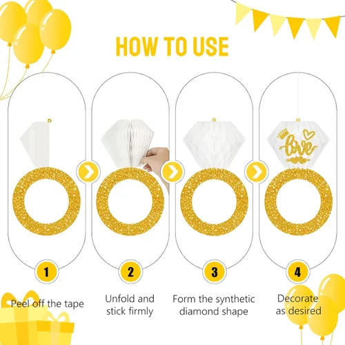 Vista 5 de Decoraciones de fiesta de compromiso, 3 piezas de anillo de diamantes de panal de abeja de papel dorado con purpurina, decoración de despedida