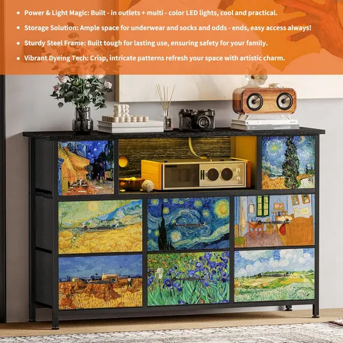 Vista 3 de Cómoda Fixwal para dormitorio de niños con tomas de corriente y luces LED, cómoda Van Gogh negra de 55" con soporte para TV y 8 cajones, cómoda