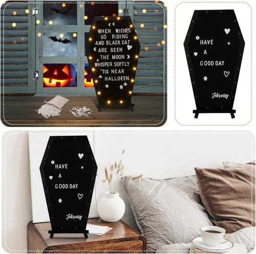 Vista 6 de Colarr Tablero de letras de fieltro negro con luces LED integradas con soporte, decoración de Halloween, más de 500 caracteres, blanco precortado