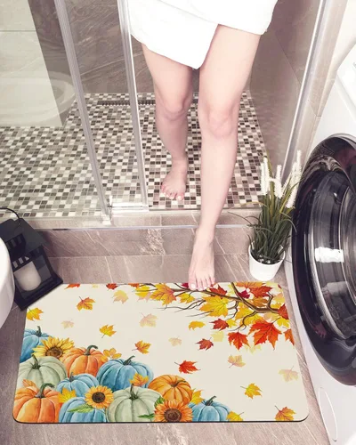 Thanksgiving Fall Bath Mat for Bathroom Rugs Non Slip, Quick Dry Bath Rug, Thin Rubber Backed Easy to Clean, Pumpkin Autumn Maple Leaves 32x20In