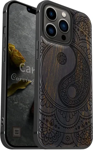 Vista 13 de Carveit Funda magnética de madera para iPhone 13 [madera natural y TPU suave negro] Funda protectora de madera única y elegante a prueba de golpes
