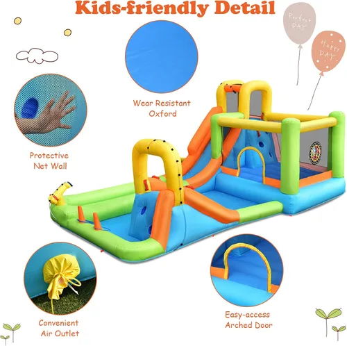 Vista 4 de OLAKIDS Tobogán acuático inflable, casa de rebote 7 en 1 con 2 toboganes de escalada de pared, piscina de 2 columnas de anillo, pistola de agua