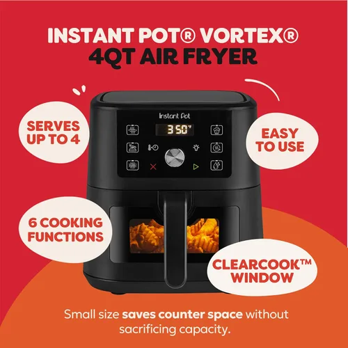 Vista 2 de Instant Pot 4Qt VORTEX 6 en 1 Mini Freidora de Aire, Opciones de Programa Personalizado, Freír al Aire, Asar, Tostar, Deshidratar, Hornear, Negro