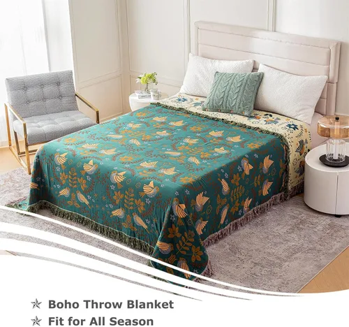 Vista 3 de Manta bohemia para cama, 100 % algodón, ultra suave, rústica, con estampado floral de pájaros, manta de cama, 90 x 98 pulgadas, para todas