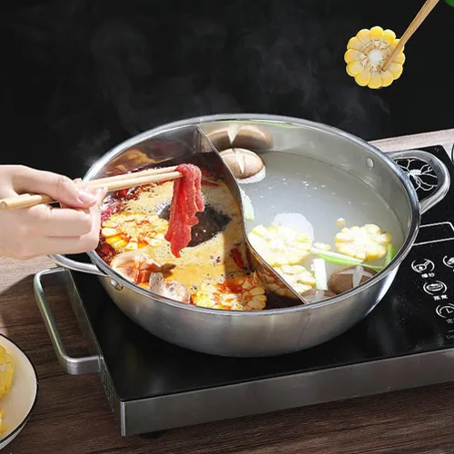 Vista 4 de Olla dividida de doble sabor Shabu Shabu Olla con divisor de doble cara antiadherente caliente 11.0 in dividido caliente para inducción estufa