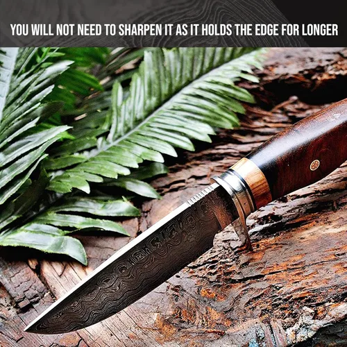 Vista 3 de BIGCAT ROAR Cuchillo de caza de Damasco hecho a mano, cuchillo de caza de hoja fija Bushcraft con funda y mango de madera de nogal, cuchillo