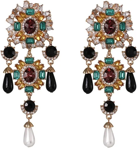 fxmimior Aretes de moda estilo bohemio Gatsby punk gótico negro con borlas de diamantes de imitación retro perlas declaración aretes de Halloween