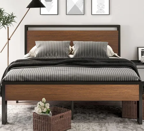 Vista 3 de SHA CERLIN Base de cama de plataforma de metal tamaño King de 14 pulgadas con cabecero y piecero de madera, base de colchón, no necesita somier