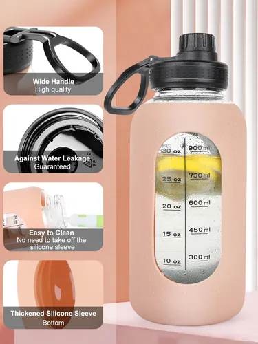 Vista 7 de Botellas de agua de vidrio de 40 onzas con funda de silicona, botellas de hidratación para beber, reutilizables, sin BPA, borosilicato, boca ancha