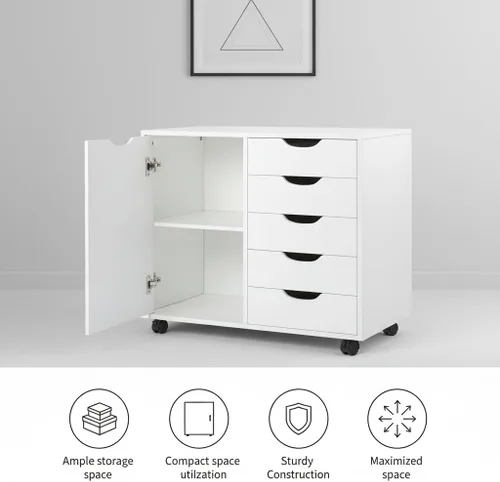 Vista 175 de Naomi Home Cómoda de 5 cajones para dormitorio, alta y elegante, con ruedas y estantes de almacenamiento, pequeña para guardarropa, para maquillaje