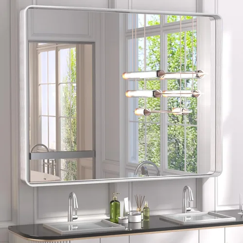 Vista 93 de TETOTE Espejo de marco dorado cepillado de 16 x 24 pulgadas, espejo de tocador de baño de latón dorado para pared, espejo enmarcado rectangular