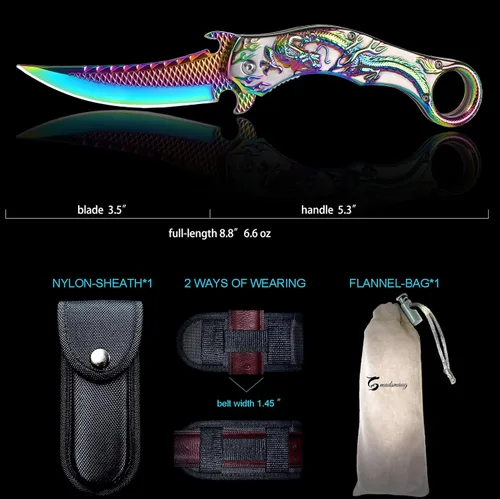 Vista 3 de Cuchillo de bolsillo, 9Cr18Mo BLADE Cuchillo plegable de bolsillo con funda, genial cuchillo EDC de dragón 3D, gran cuchillo de bolsillo de regalo