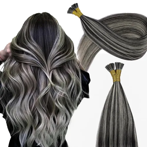 Vista 30 de Extensiones de cabello humano con punta en I de 14 pulgadas #16/60, color rubio con reflejos dorados y marrón grisáceo mezclado, extensiones