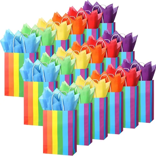 TaoBary 36 bolsas de regalo para fiesta de arcoíris, bolsas de regalo de colores a rayas de papel kraft con asas y papel de seda colorido para