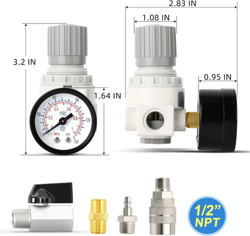 Vista 2 de Regulador de compresor de aire MEANLIN MEASURE de 1/2 pulgada NPT con manómetro, regulador de aire BR4000 de 0-150 PSI en línea para compresor