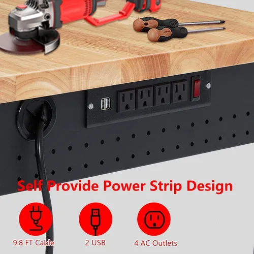 Vista 5 de GarveeLife Banco de trabajo ajustable, mesa de taller de madera de goma resistente de 72 x 25 pulgadas con ajuste de altura de 28.3 a 38.1 pulgadas