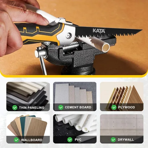 Vista 4 de Sierra de jab plegable KATA - Sierra de mano compacta, abridor de planchas con forma de llave con mango suave, sierra de metal de 7TPI con dientes
