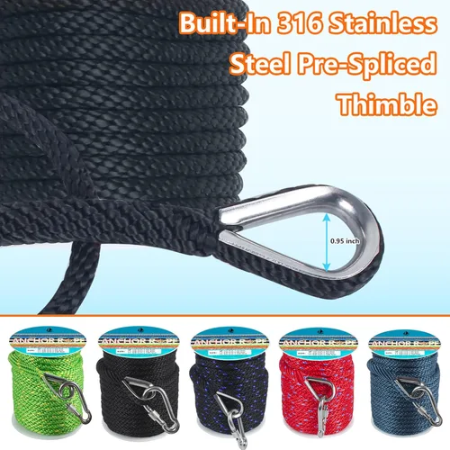 Vista 4 de Cuerda de anclaje de 1/2 pulgada y 50 pies, cuerda de anclaje para barco, trenza sólida MFP, línea de anclaje con dedal de acero inoxidable 316