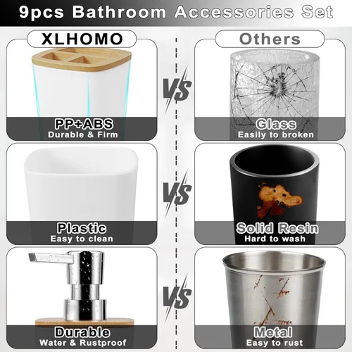 Vista 2 de Juego de 9 accesorios de baño, color blanco, hueco, cubo de basura, soporte y recipiente de cepillos de dientes, dispensador de jabón, bandeja