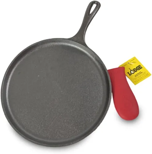 Lodge Plancha de hierro fundido y soporte de mango caliente, 10.5", negro/rojo