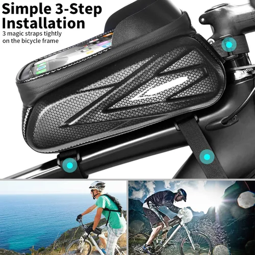 Vista 7 de OOKUU Bolsa de bicicleta para bicicleta, bolsa impermeable para bicicletas con marco frontal, bolsa de montaje para teléfono de bicicleta de tubo