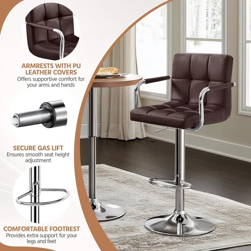 Vista 111 de Yaheetech - 4 taburetes de bar ajustables para mostrador de cocina, taburetes de bar/mostrador, silla de comedor giratoria hidráulica de piel Marrón