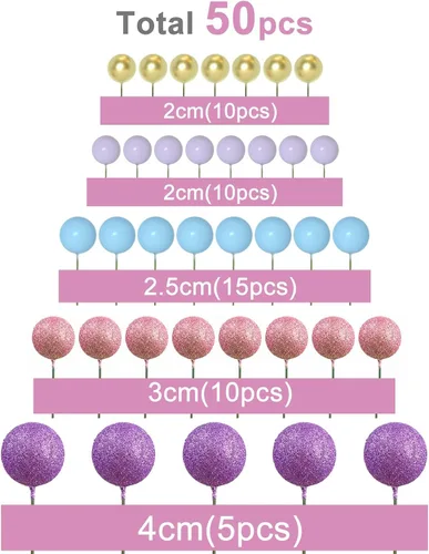 Vista 3 de ASTARON 50 piezas de palos para adornos de pastel con bolas, globos mini para suministros de decoración, bolas de espuma para pasteles para baby