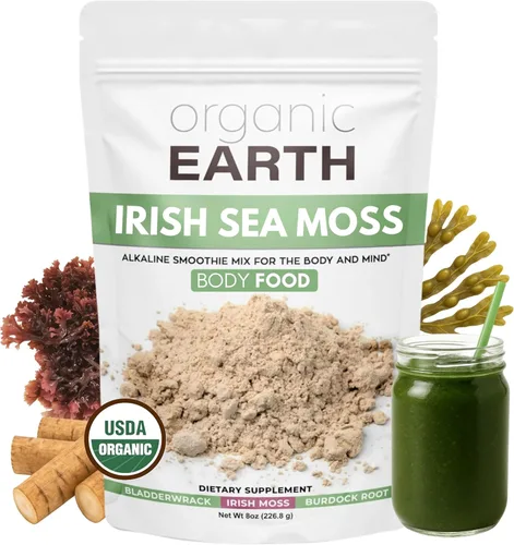 Organic Earth Polvo de musgo marino irlandés de 8 onzas, orgánico de musgo marino silvestre con polvo de raíz de vejiga y bardana, tiroides, apoyo a