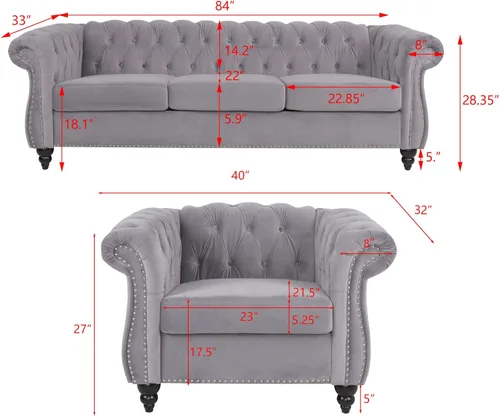 Vista 60 de RARZOE Moderno juego de sofá de 2 piezas, naranja, espuma, sofá biplaza y sofá Chesterfield